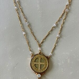 VIRGINS SAINTS & ANGELS VSA SAN BENITO CROSS NECKLACE GOLD W SWAVORSKI CRYSTALS